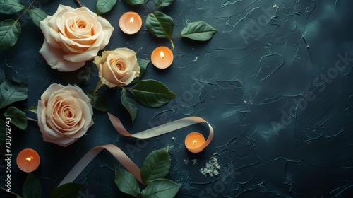 Three pale roses with green leaves, lit candles, a ribbon, on a textured dark blue background