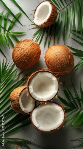 Whole and halved coconuts arranged artistically among lush green palm leaves on a textured white surface photo