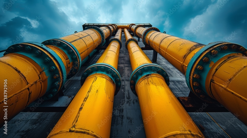 Large yellow pipes extending upward against a moody sky, industrial setting, dramatic angle, leading lines - obrazy, fototapety, plakaty 