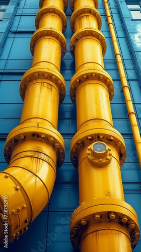 Vivid yellow pipelines run vertically along a blue building's exterior, showcasing industrial design in urban architecture