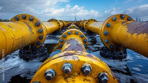 Large yellow pipelines with flanges and bolts are symmetrically arranged under an expansive blue sky