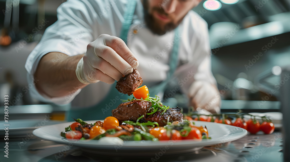 A chef is garnishing a steak with rosemary on a plate with cherry tomatoes.