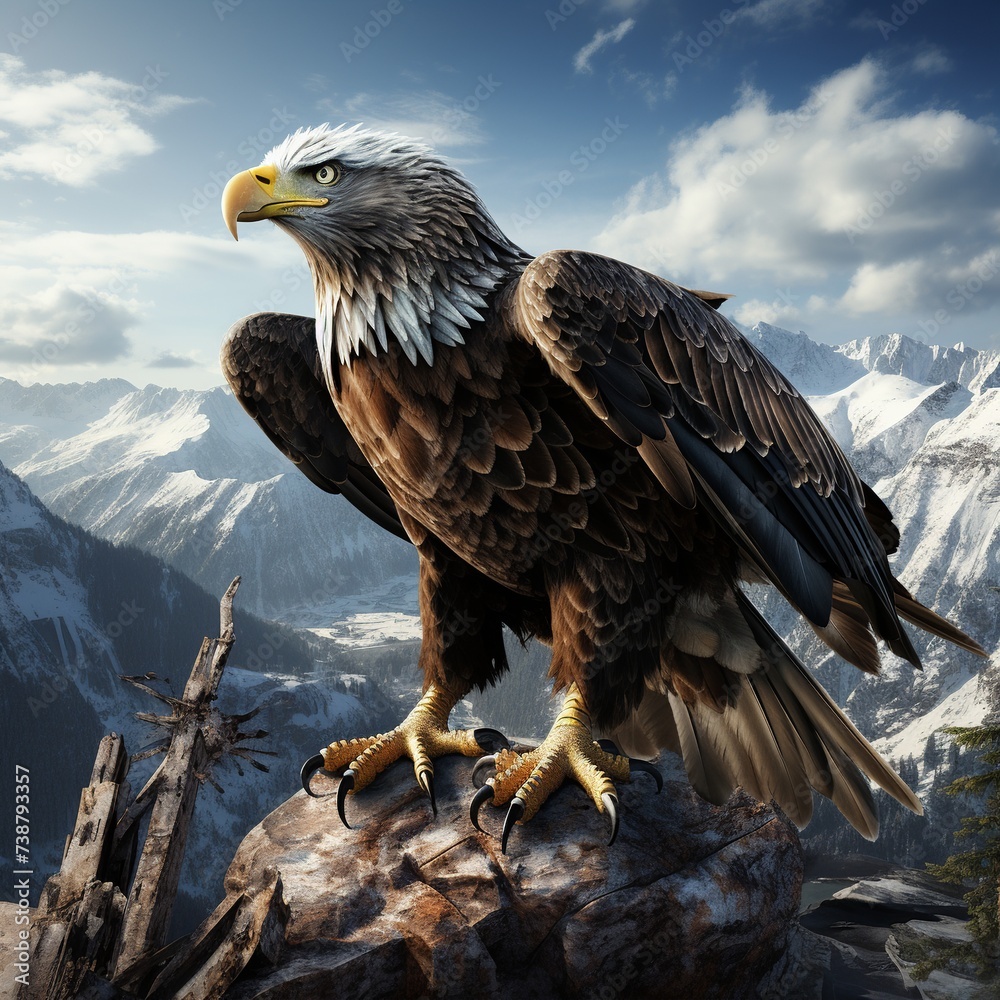 Adult bald eagle on a mountain top observing prey with its sharp eyes Adult bald eagle on a mountain top observing prey with its sharp eyes