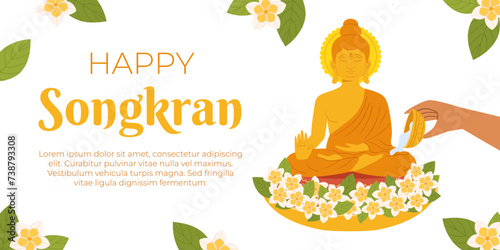 Songkran, Bathing the Buddha statue, blessing holy water and pay respect for traditions. Thailand New Year. Vector background in flat style for celebrating