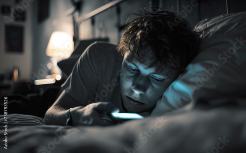 Young teenager lying in bed under warm blanket and surfing internet using modern smartphone in late night hours in a bedroom. Unhealthy devices usage, Digital hygiene, insomnia concept image.