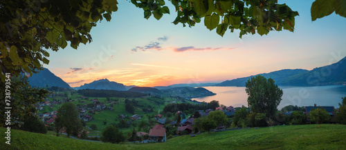 view over spa town Krattigen  lake Thunersee  in the evening