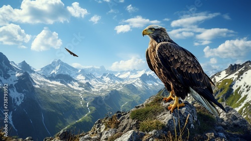 Adult bald eagle on a mountain top observing prey with its sharp eyes photo
