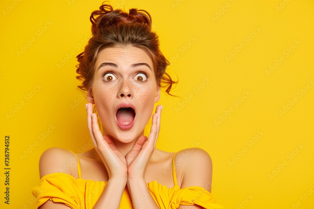 a woman with her mouth open and hands on her cheeks a woman with her mouth open and hands on her cheeks