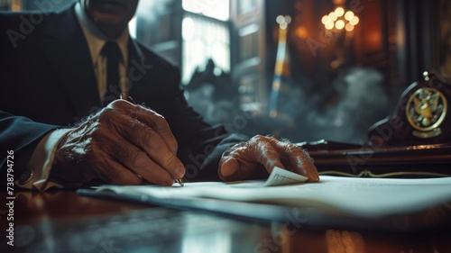 Detailed view of a lawyer's hands placing evidence on a courtroom table, intense focus on the action, blurred background of the judge and justice emblem