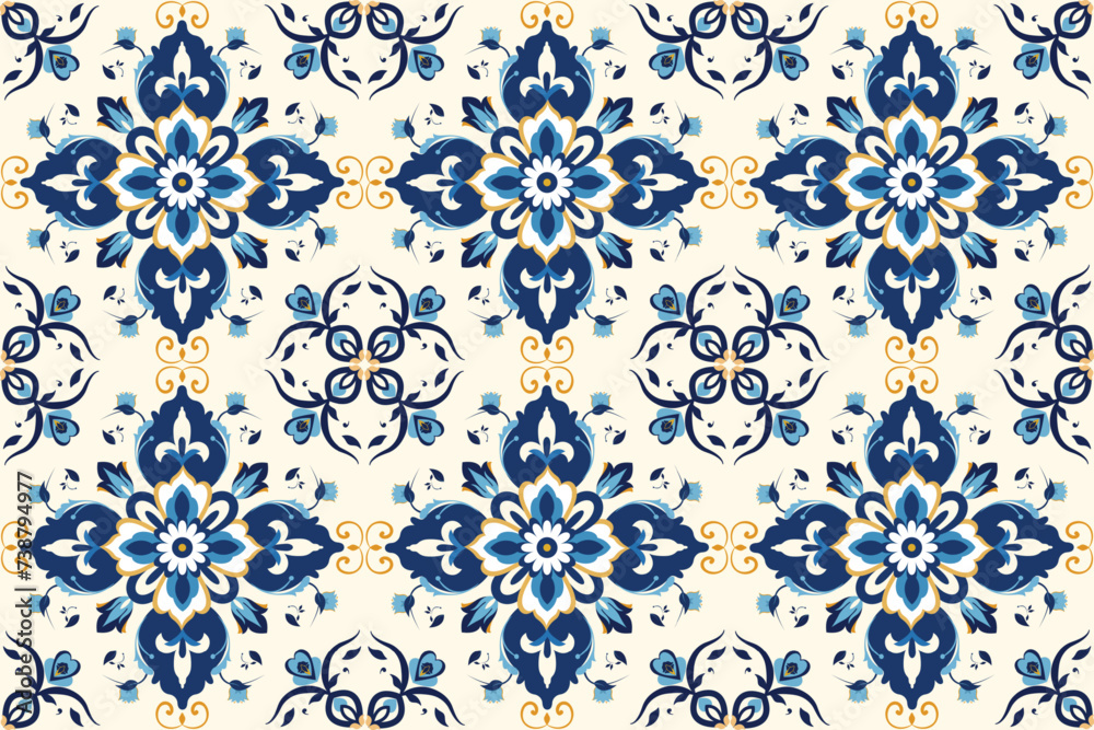 Seamless pattern illustration in traditional style with abstract geometric ornament, Ottoman design concept in blue, white and gold colors for fabric, rug, wallpaper, cloth, vector, illustration tile.