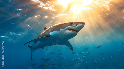 Great white shark and sun rays in ocean, generative ai