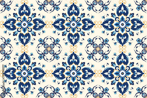 Seamless pattern illustration in traditional style with abstract geometric ornament  Ottoman design concept in blue  white and gold colors for fabric  rug  wallpaper  cloth  vector  illustration tile.