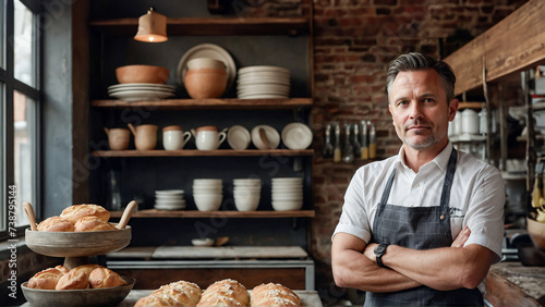 Male entrepreneur wearing apron with arms crossed standing behind the counter in bakery selling bread and baked goods. Man baker, small business owner