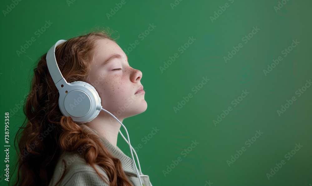 zdjęcie studyjne nastoletniej dziewczyny w białych słuchawkach na zielonym tle, portret - obrazy, fototapety, plakaty 