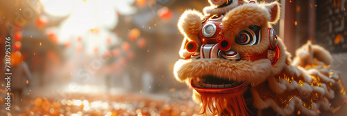 Chinese lion dance shimmers amidst bokeh lanterns.