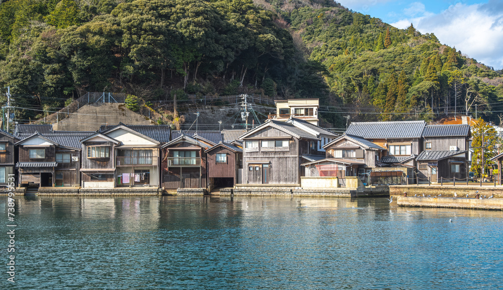Funaya house with boat and sea of Ine bay at Ine Kyoto Japan
