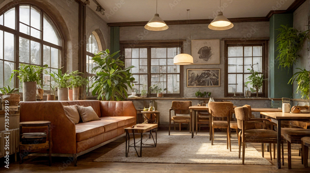 Fototapeta premium Cozy restaurant interior design with wooden chairs, sofa and green plants decoration. Modern cafe interior filled with indoor plants, boho, nostalgic style