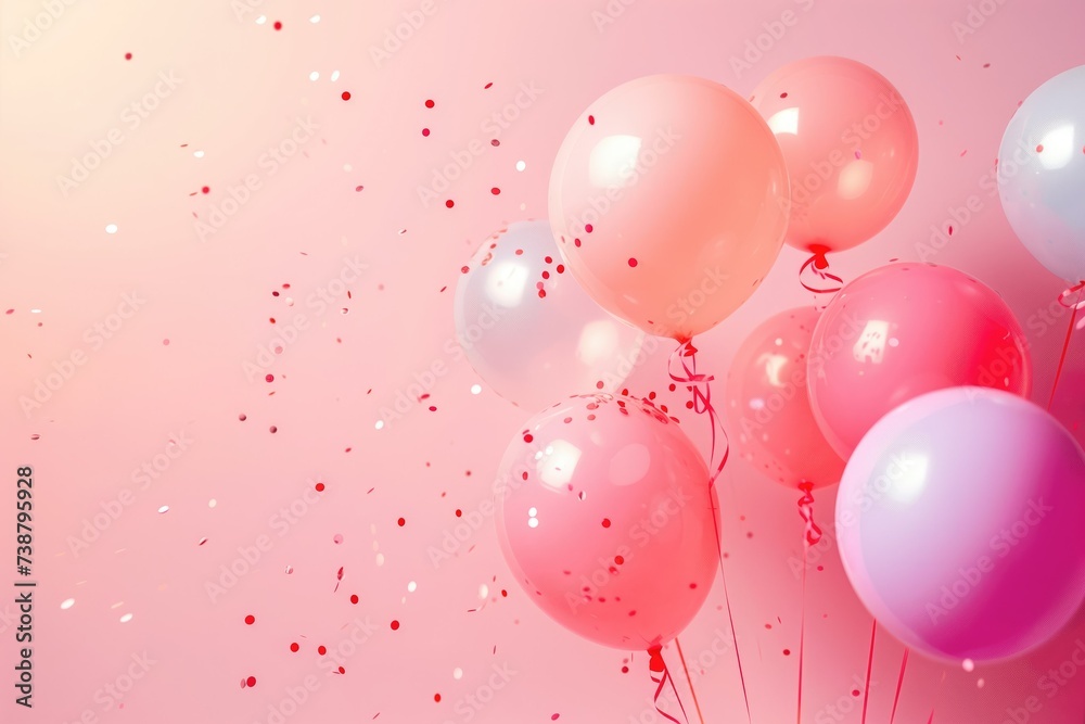 Fototapeta premium party background, pink wall with pink balloons and confetti