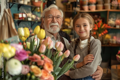A smiling woman stands next to a man in a floral shop, holding a beautifully arranged bouquet of cut flowers as they pose for a picture amidst shelves filled with vibrant plants and colorful blooms photo