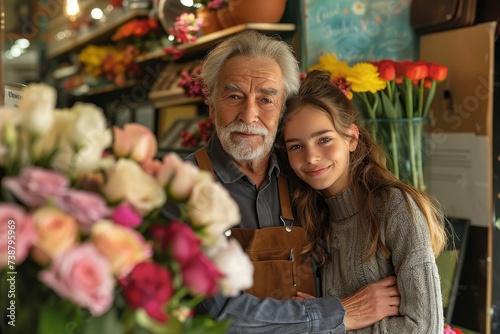 A man and a girl stand smiling in an indoor floristry shop, showcasing their floral design skills with a beautiful bouquet of cut roses and artificial flowers, radiating happiness and showcasing the 