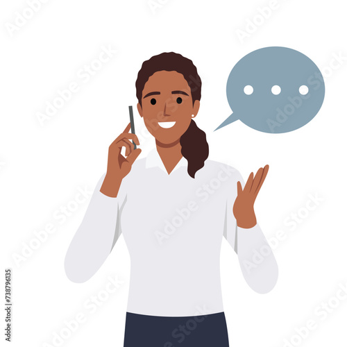 Young woman Jane talking phone, calling by telephone. Communication and conversation with smartphone concept. Flat vector illustration isolated on white background