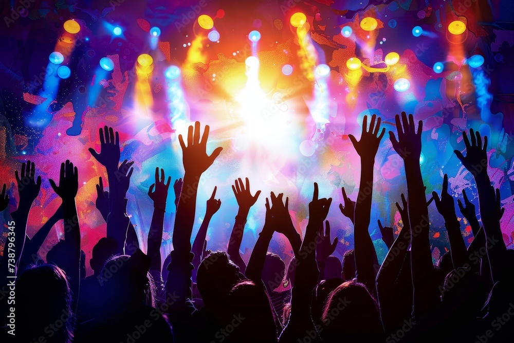 A pulsating sea of outstretched arms fills the air as the electrifying energy of a rock concert engulfs the crowd in a frenzy of music and entertainment A pulsating sea of outstretched arms fills the air as the electrifying energy of a rock concert engulfs the crowd in a frenzy of music and entertainment