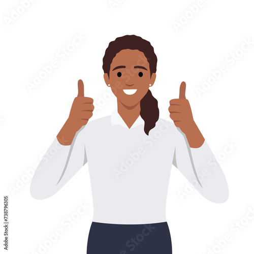 A beautiful woman shows a gesture of approval. Cool or Ok. Thumb lifted up. Flat vector illustration isolated on white background