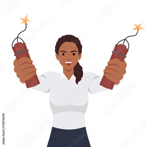Angry businesswoman holding dynamite in hands threatening to make explosion because of poor performance company employees. Dynamite in hands. Flat vector illustration isolated on white background