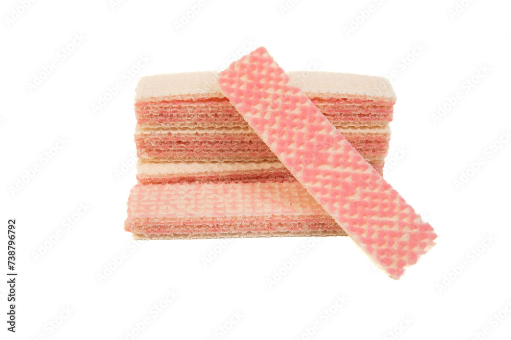 Raspberry flavored wafer biscuits, isolated on white background. Selective focus, soft focus Raspberry flavored wafer biscuits, isolated on white background. Selective focus, soft focus