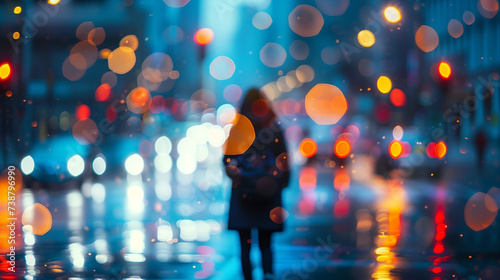 Solitary Figure in Rainy City Night