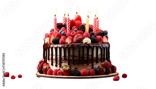 Birthday cake with strawberries, and candles isolated on transparent background
