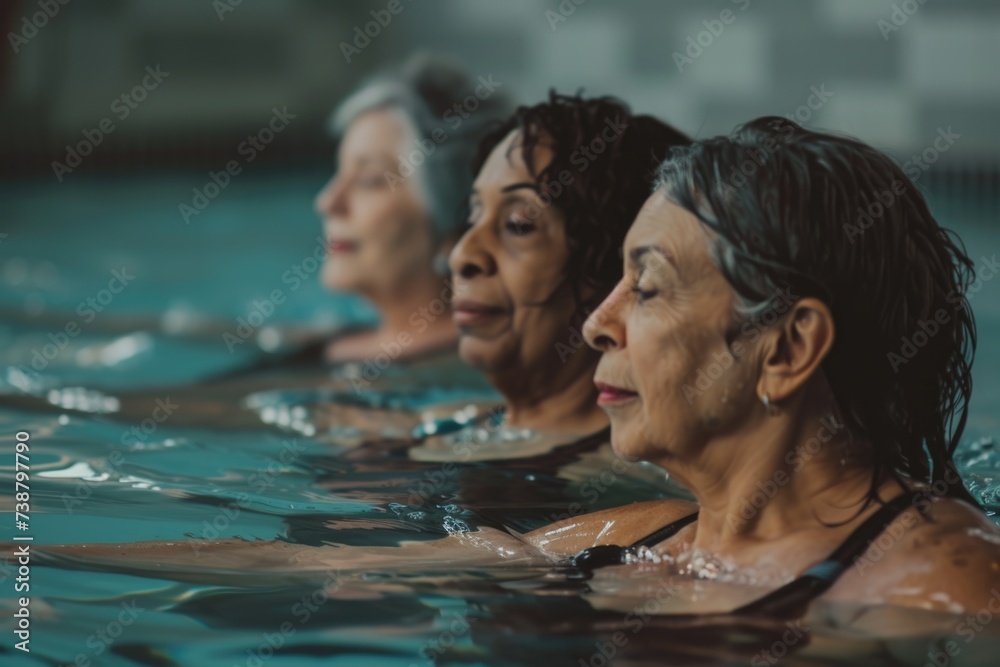 Group portrait of senior women swimming in pool