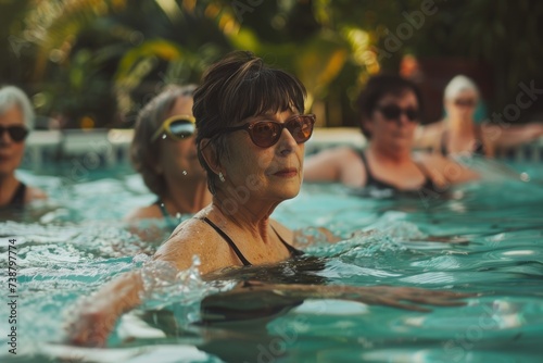 Group portrait of senior women swimming in pool