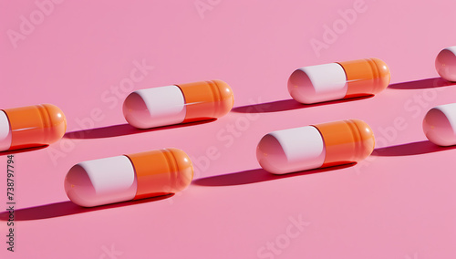 orange and white pill capsules in a row on a pink bac