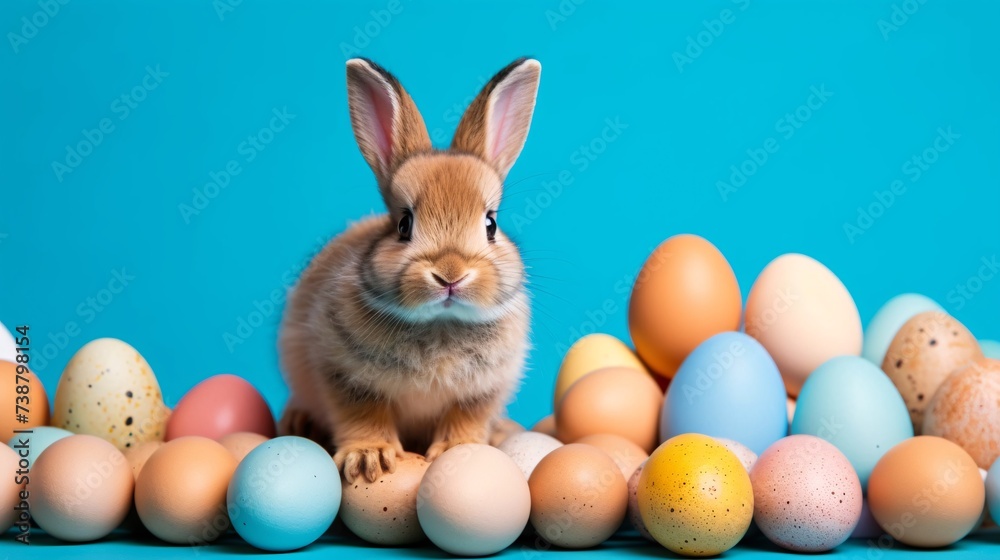a rabbit sitting on top of a pile of eggs