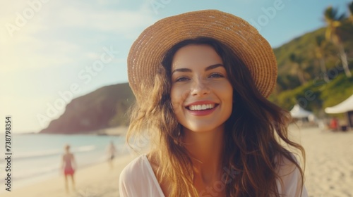closeup shot of a good looking female tourist. Enjoy free time outdoors near the sea on the beach. Looking at the camera while relaxing on a clear day Poses for travel selfies smiling happy tropical #738798354