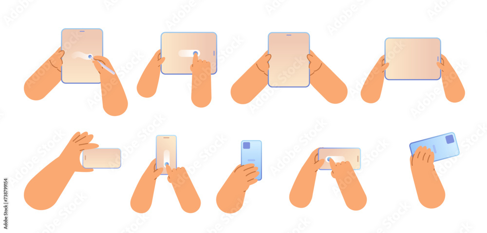 Set of cartoon hands with tablet and phone. Gadgets user vector elements