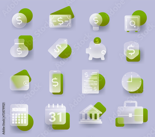 Glass financial icons set. Banking glassmorphism style vector signs