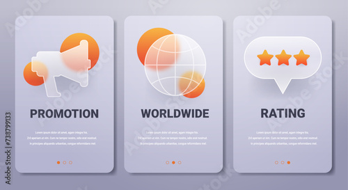 Promotion mobile app pages menu in glassmorphism style. Worldwide and rating vector banners set.