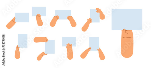 Set of cartoon hands holding blank poster. Flat elements with copy space