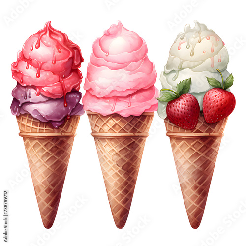 Set of watercolor colorful ice cream isolated on transparent background