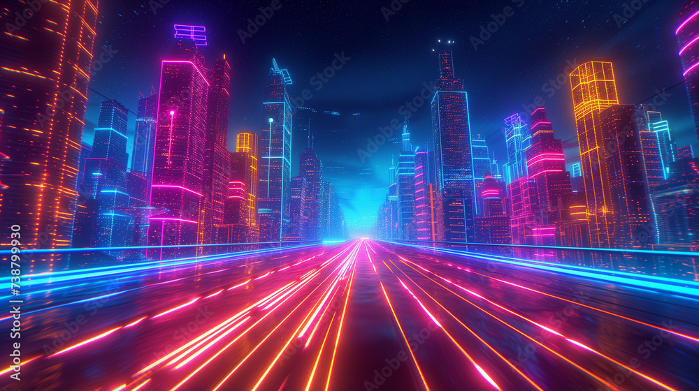 Portrait of amazed young woman in a VR headset explores the metaverse's virtual space. Gaming and futuristic entertainment concept, Man uses metaverse technology in an industrial setting. Neon. Travel