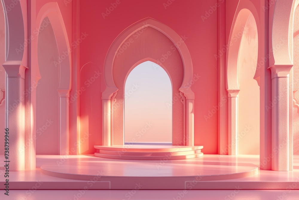 Islamic Design for Eid al-Fitr: Arabian Ramadhan Style Background, 3D Empty Podium Stage for Product Display