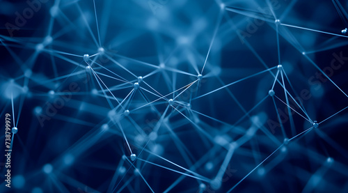 An abstract network of interconnected nodes and lines glows against a dark blue backdrop, symbolizing complex digital connectivity