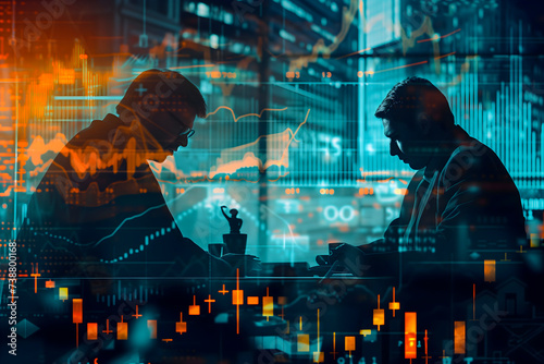 Two traders are silhouetted against a backdrop of glowing market charts and graphs, immersed in the analysis of fluctuating financial data