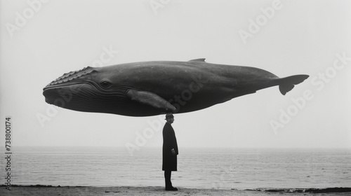Man with large whale on head. Vintage surreal art. Banner black and white. photo