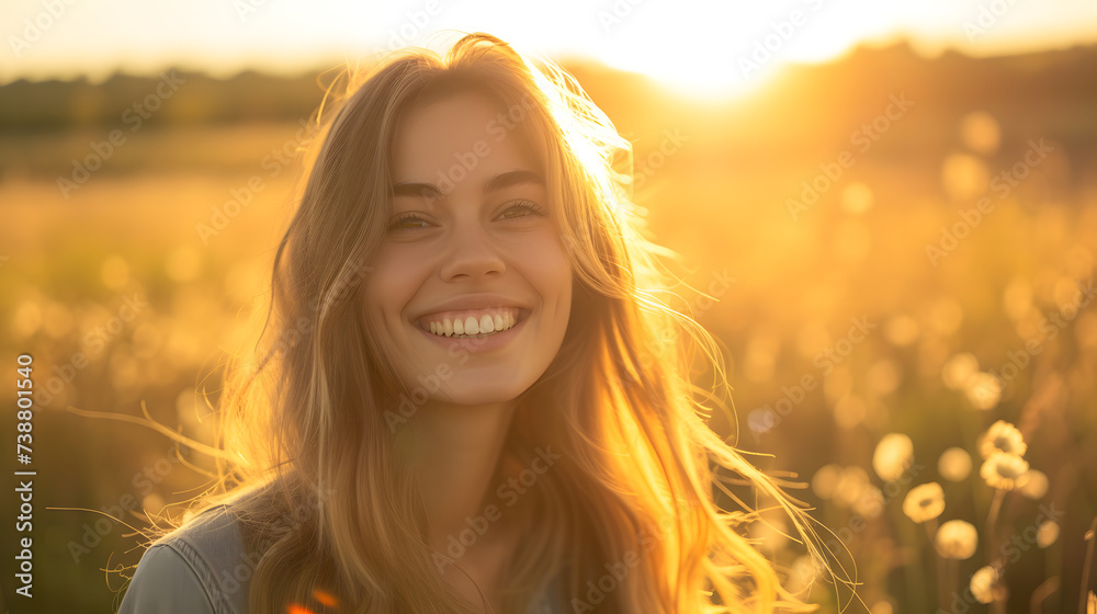 Rayonnement au Crépuscule: Une Belle Jeune Femme Souriant dans la Campagne Rayonnement au Crépuscule: Une Belle Jeune Femme Souriant dans la Campagne