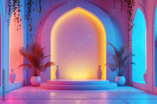 Eid al-Fitr Background: 3D Empty Podium Stage for Product Display, Arabian Ramadhan Style photo