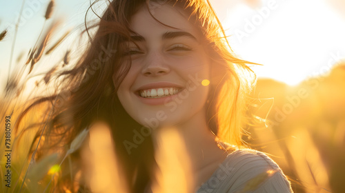 Bela jovem sorrindo à tarde no campo, sorriso beldade entardecer cativante simpática photo