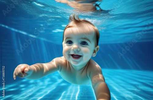 Cute little baby swimming underwater in the pool, smiling at the camera. Underwater kid portrait in motion